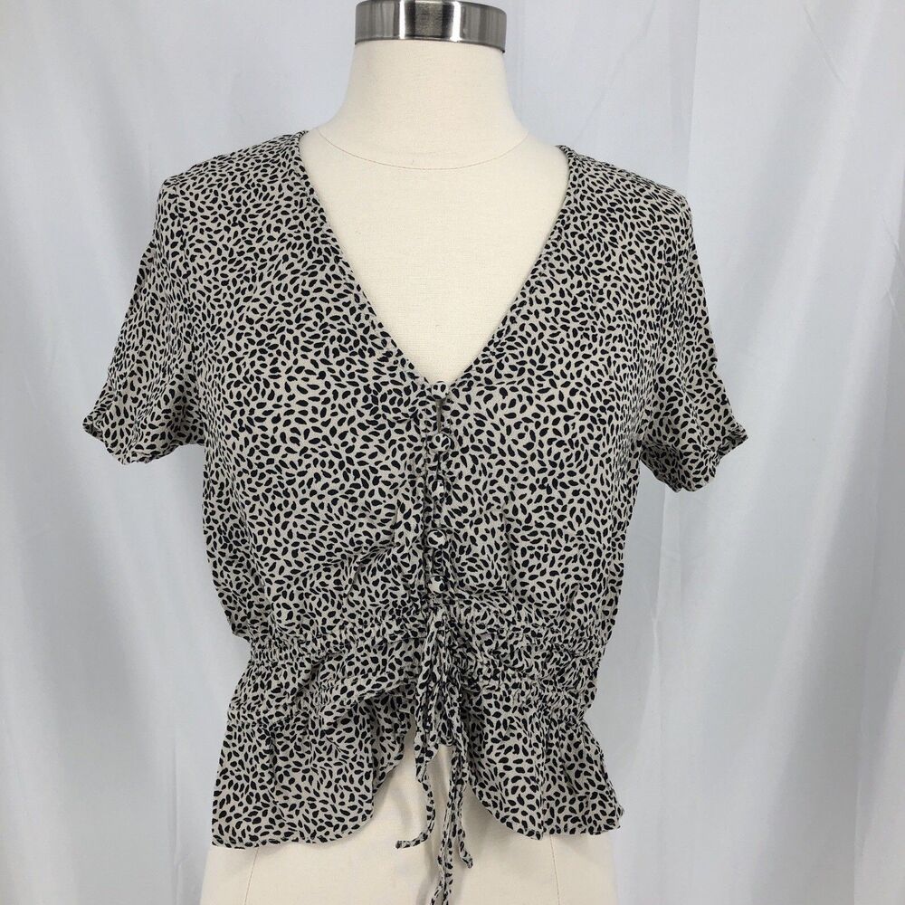 HM Size6 Beige Print V Neck Drawstring Short Sleeve Blouse